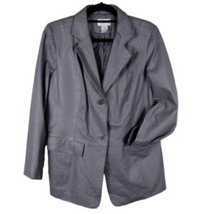 Chadwick's Grey Leather One Notched Collar Long Sleeve Button Front Blazer Coat